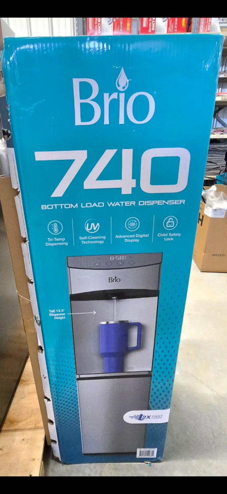 Actual box for Brio 740 self-cleaning bottom-load water dispenser